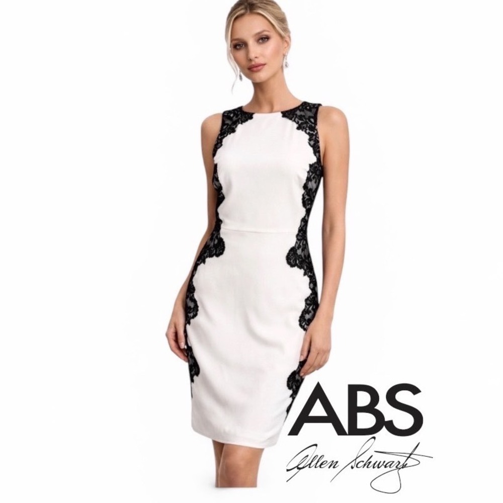 ABS by Allen Schwartz Shift Dress‎ White with Black Lace Size 10